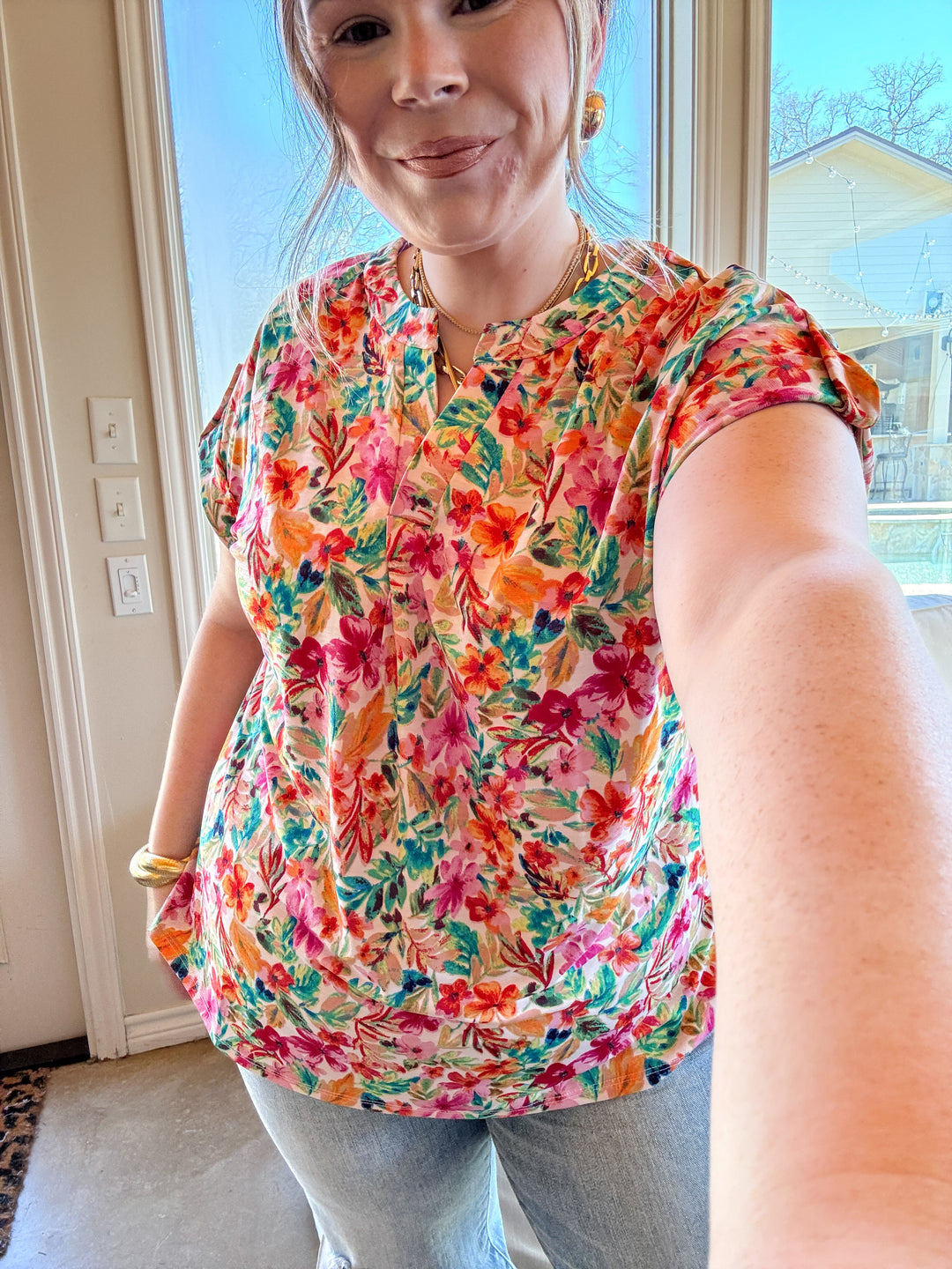 Downtown Darling Floral Print Short Sleeve Tunic Top in Pink Mix - Giddy Up Glamour Boutique