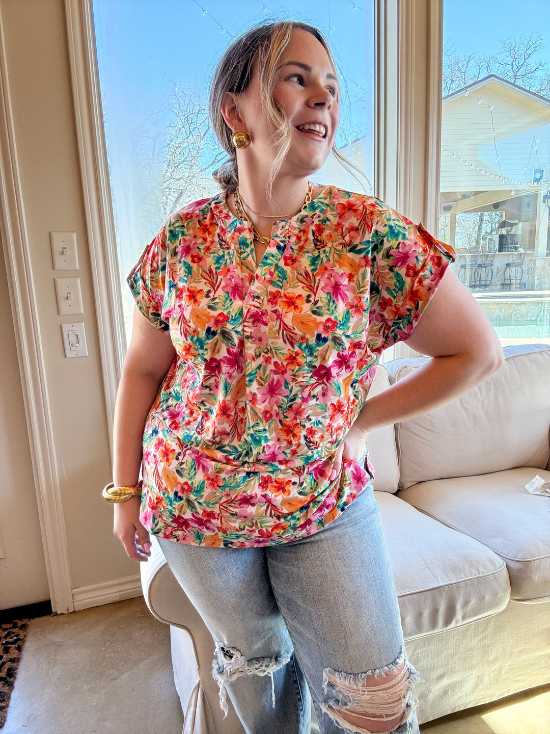 Downtown Darling Floral Print Short Sleeve Tunic Top in Pink Mix - Giddy Up Glamour Boutique