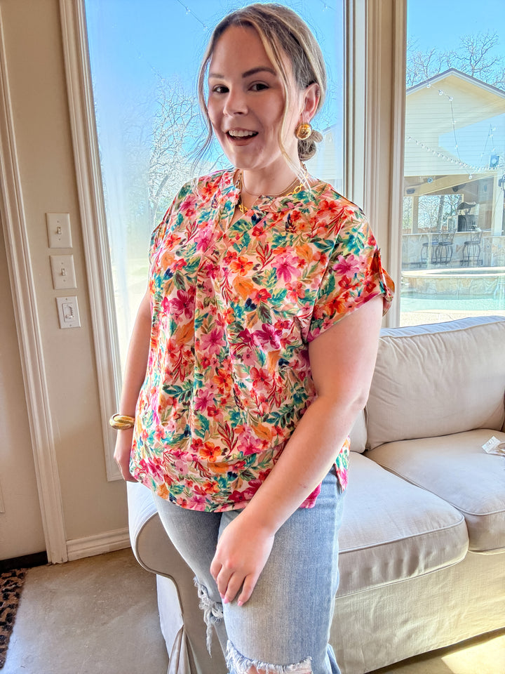 Downtown Darling Floral Print Short Sleeve Tunic Top in Pink Mix - Giddy Up Glamour Boutique