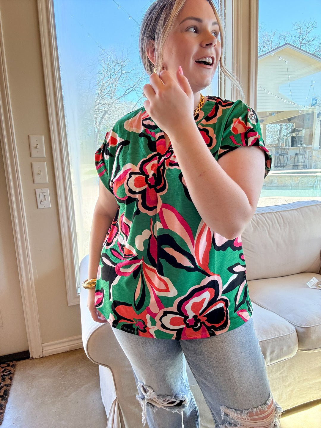 Downtown Darling Floral Print Short Sleeve Tunic Top in Green Mix - Giddy Up Glamour Boutique