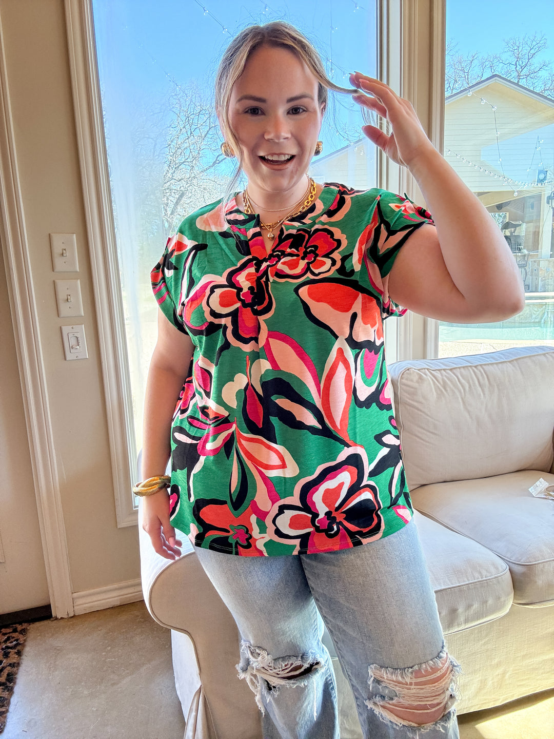 Downtown Darling Floral Print Short Sleeve Tunic Top in Green Mix - Giddy Up Glamour Boutique