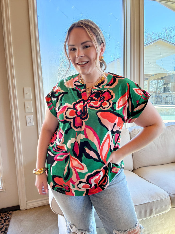 Downtown Darling Floral Print Short Sleeve Tunic Top in Green Mix - Giddy Up Glamour Boutique