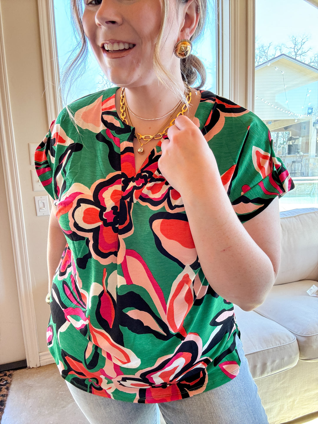 Downtown Darling Floral Print Short Sleeve Tunic Top in Green Mix - Giddy Up Glamour Boutique