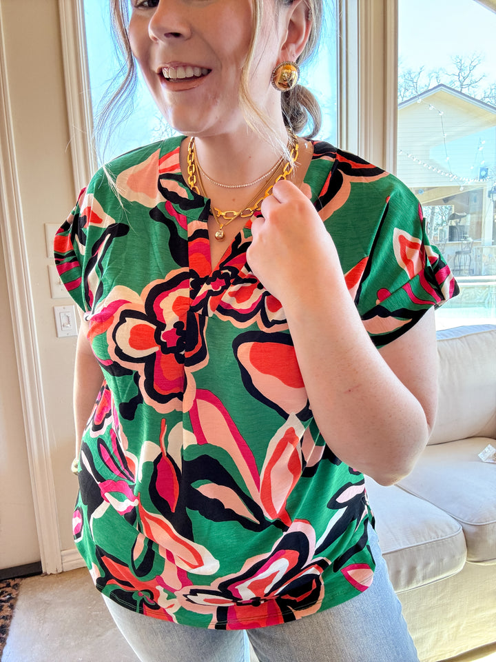 Downtown Darling Floral Print Short Sleeve Tunic Top in Green Mix - Giddy Up Glamour Boutique