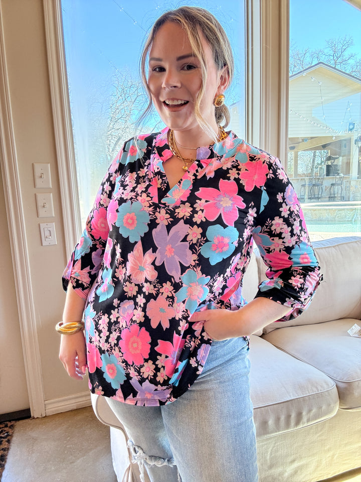 Urban Elegance Floral Print 3/4 Sleeve Tunic Top in Black Mix - Giddy Up Glamour Boutique