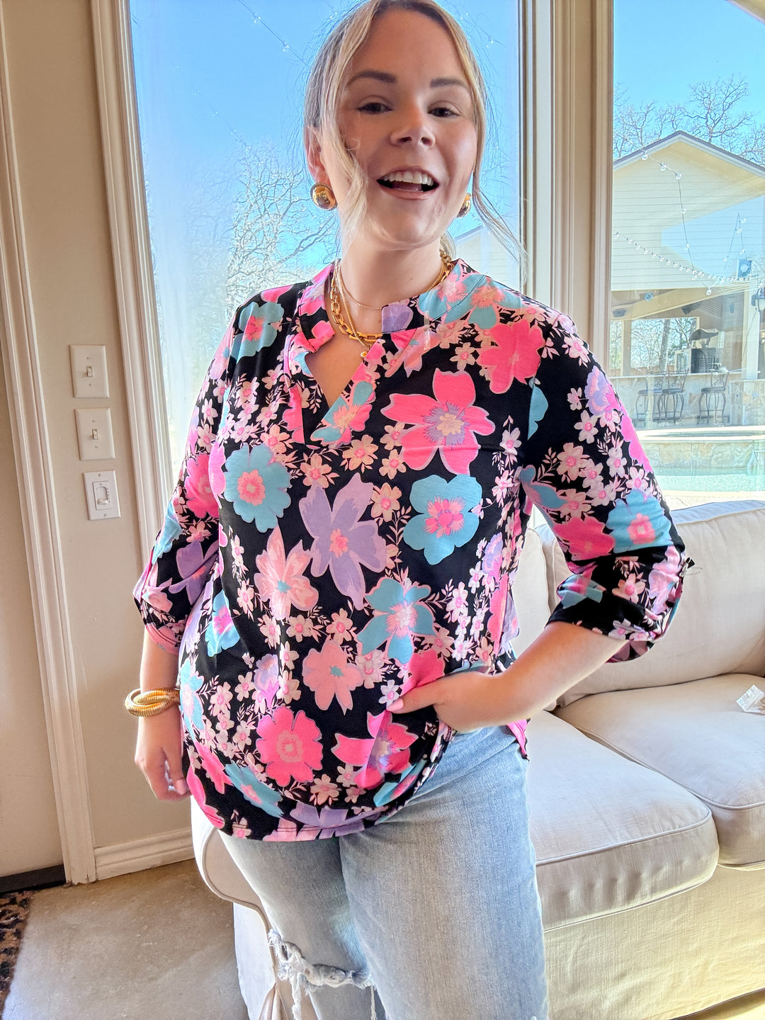 Urban Elegance Floral Print 3/4 Sleeve Tunic Top in Black Mix - Giddy Up Glamour Boutique