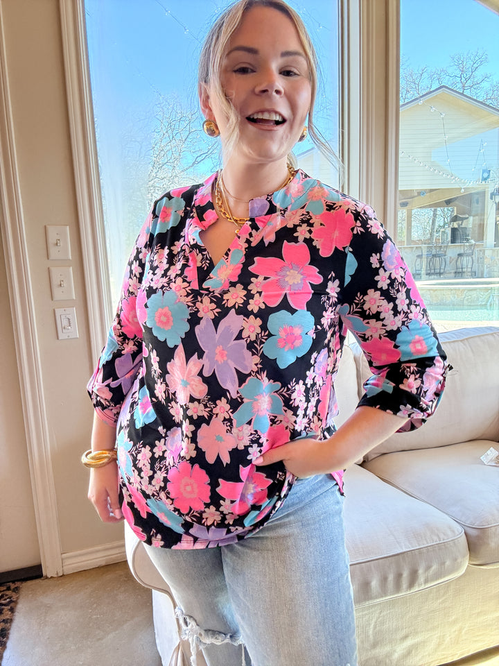 Urban Elegance Floral Print 3/4 Sleeve Tunic Top in Black Mix - Giddy Up Glamour Boutique