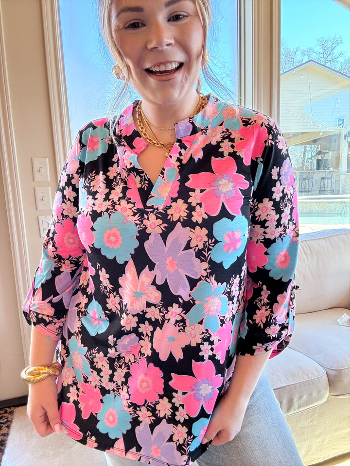 Urban Elegance Floral Print 3/4 Sleeve Tunic Top in Black Mix - Giddy Up Glamour Boutique