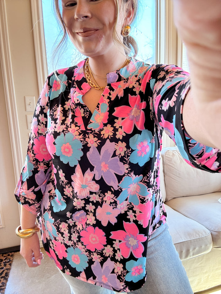 Urban Elegance Floral Print 3/4 Sleeve Tunic Top in Black Mix - Giddy Up Glamour Boutique