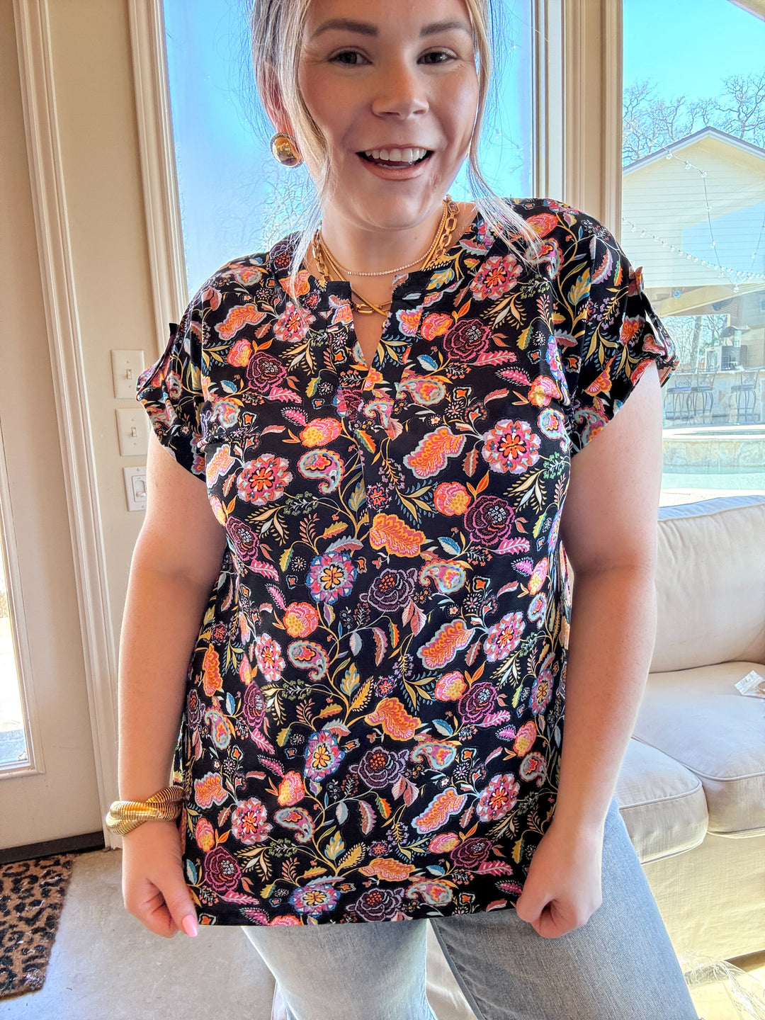 Downtown Darling Floral Print Short Sleeve Tunic Top in Black Mix - Giddy Up Glamour Boutique