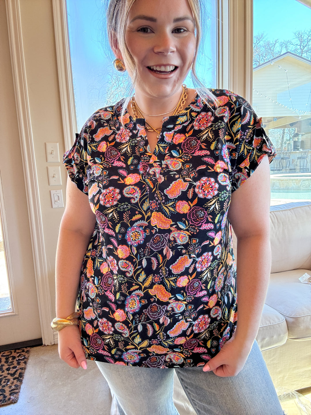 Downtown Darling Floral Print Short Sleeve Tunic Top in Black Mix - Giddy Up Glamour Boutique