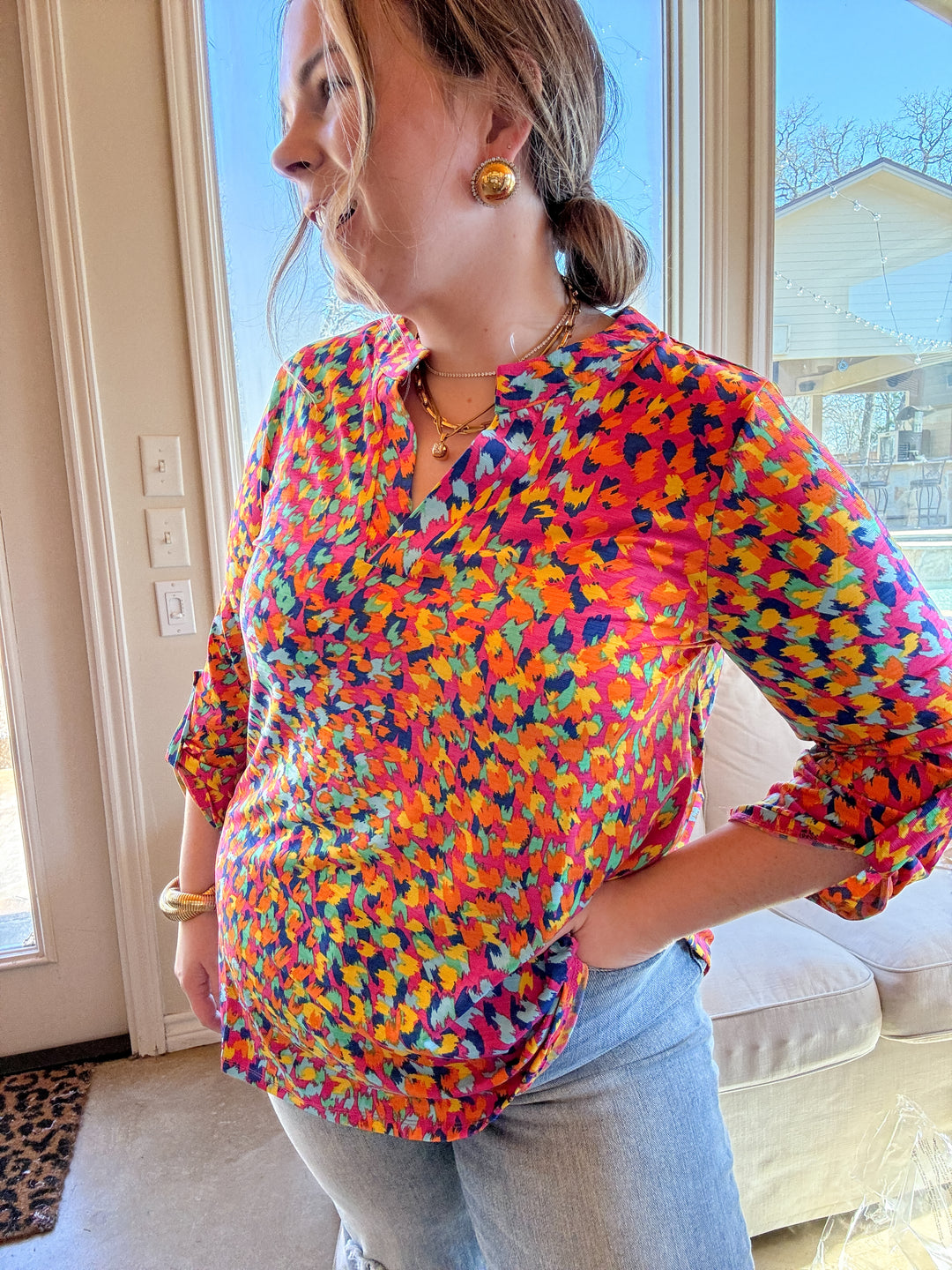 Urban Elegance Animal Print 3/4 Sleeve Tunic Top in Pink Mix - Giddy Up Glamour Boutique