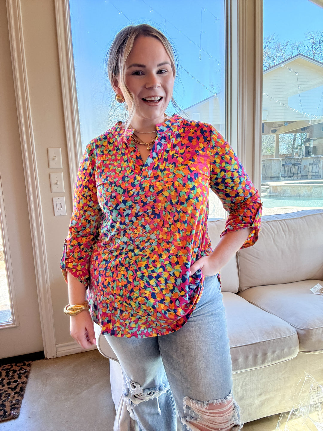 Urban Elegance Animal Print 3/4 Sleeve Tunic Top in Pink Mix - Giddy Up Glamour Boutique