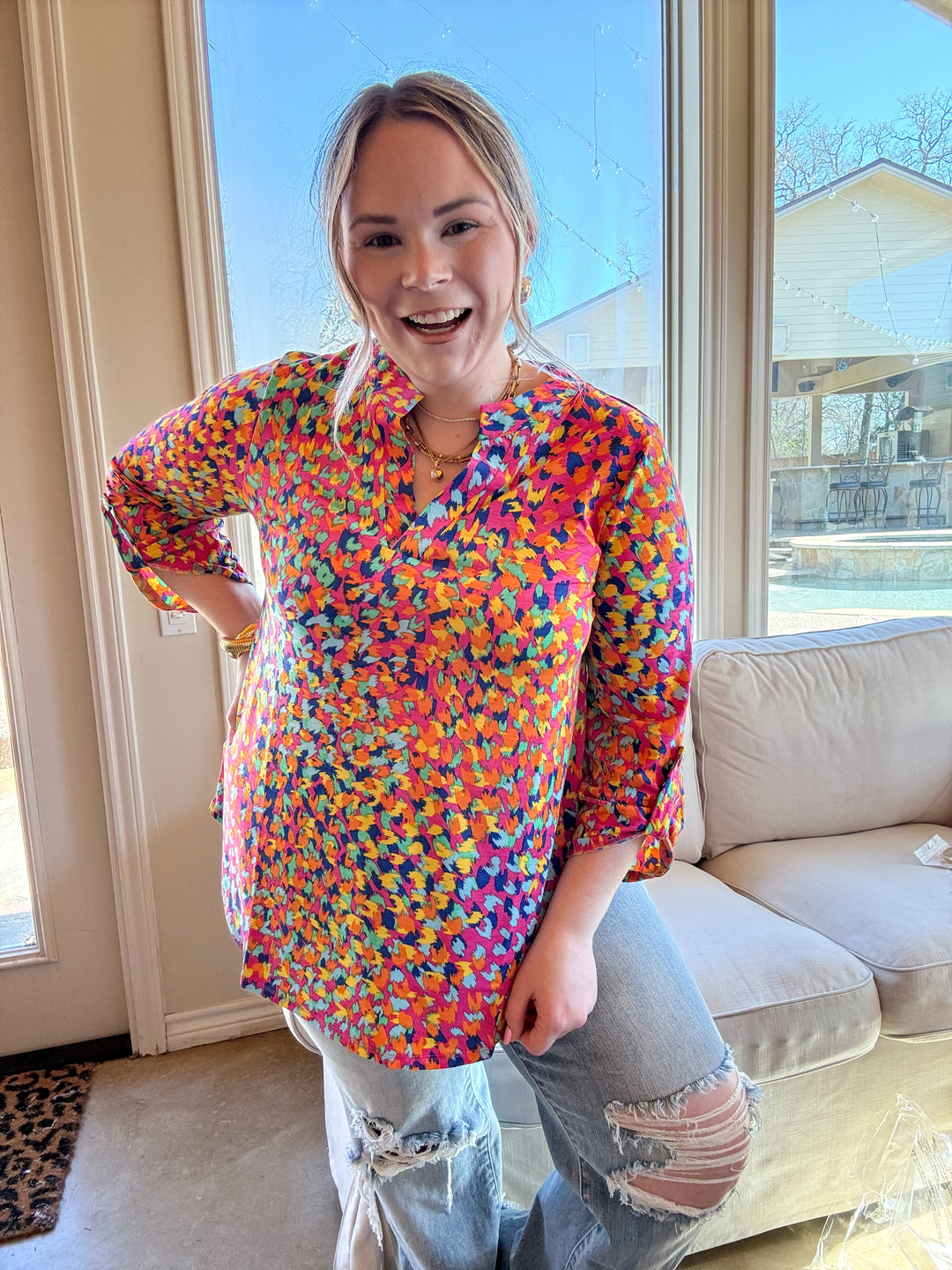 Urban Elegance Animal Print 3/4 Sleeve Tunic Top in Pink Mix - Giddy Up Glamour Boutique