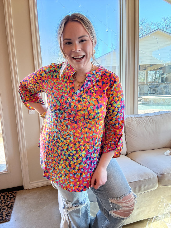 Urban Elegance Animal Print 3/4 Sleeve Tunic Top in Pink Mix - Giddy Up Glamour Boutique