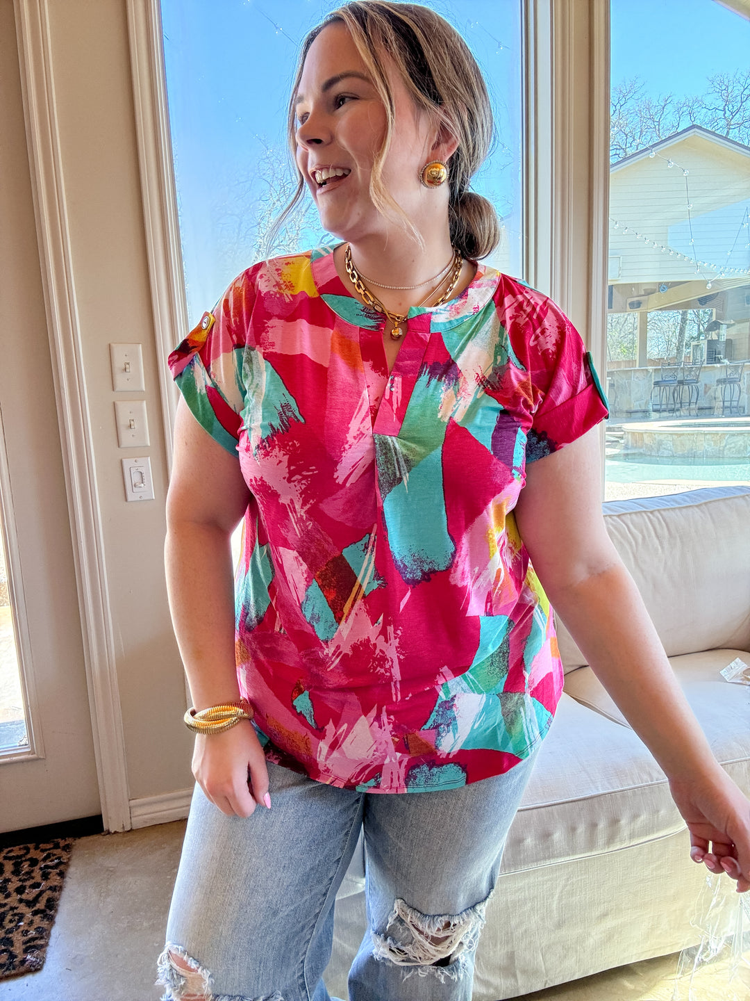 Downtown Darling Watercolor Short Sleeve Tunic Top in Pink Mix - Giddy Up Glamour Boutique