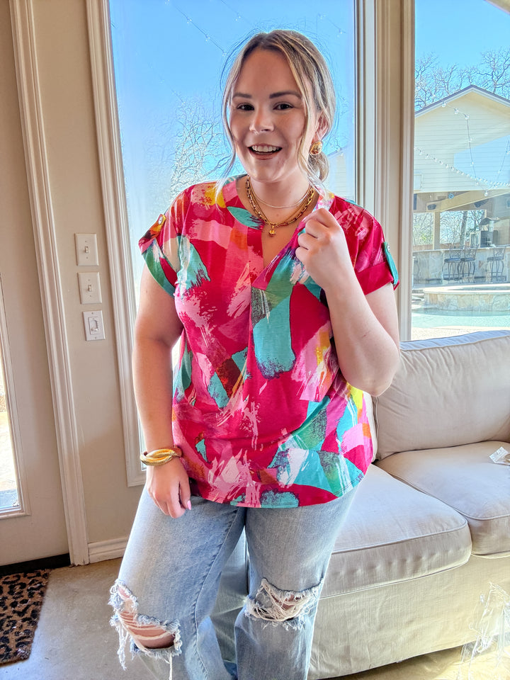 Downtown Darling Watercolor Short Sleeve Tunic Top in Pink Mix - Giddy Up Glamour Boutique