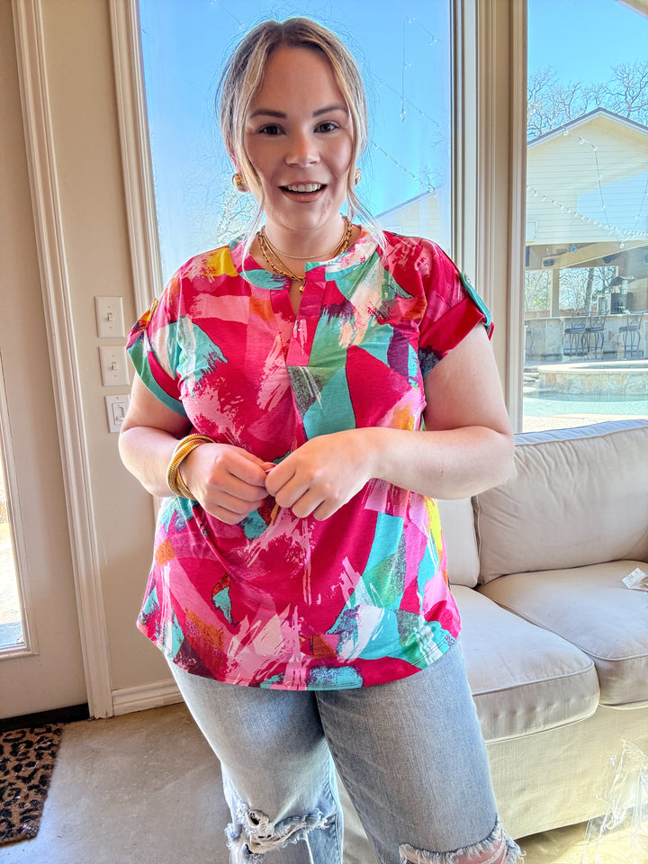 Downtown Darling Watercolor Short Sleeve Tunic Top in Pink Mix - Giddy Up Glamour Boutique