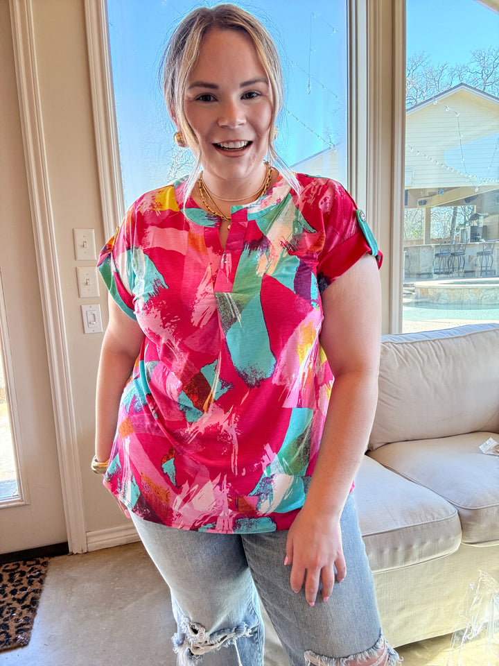 Downtown Darling Watercolor Short Sleeve Tunic Top in Pink Mix - Giddy Up Glamour Boutique