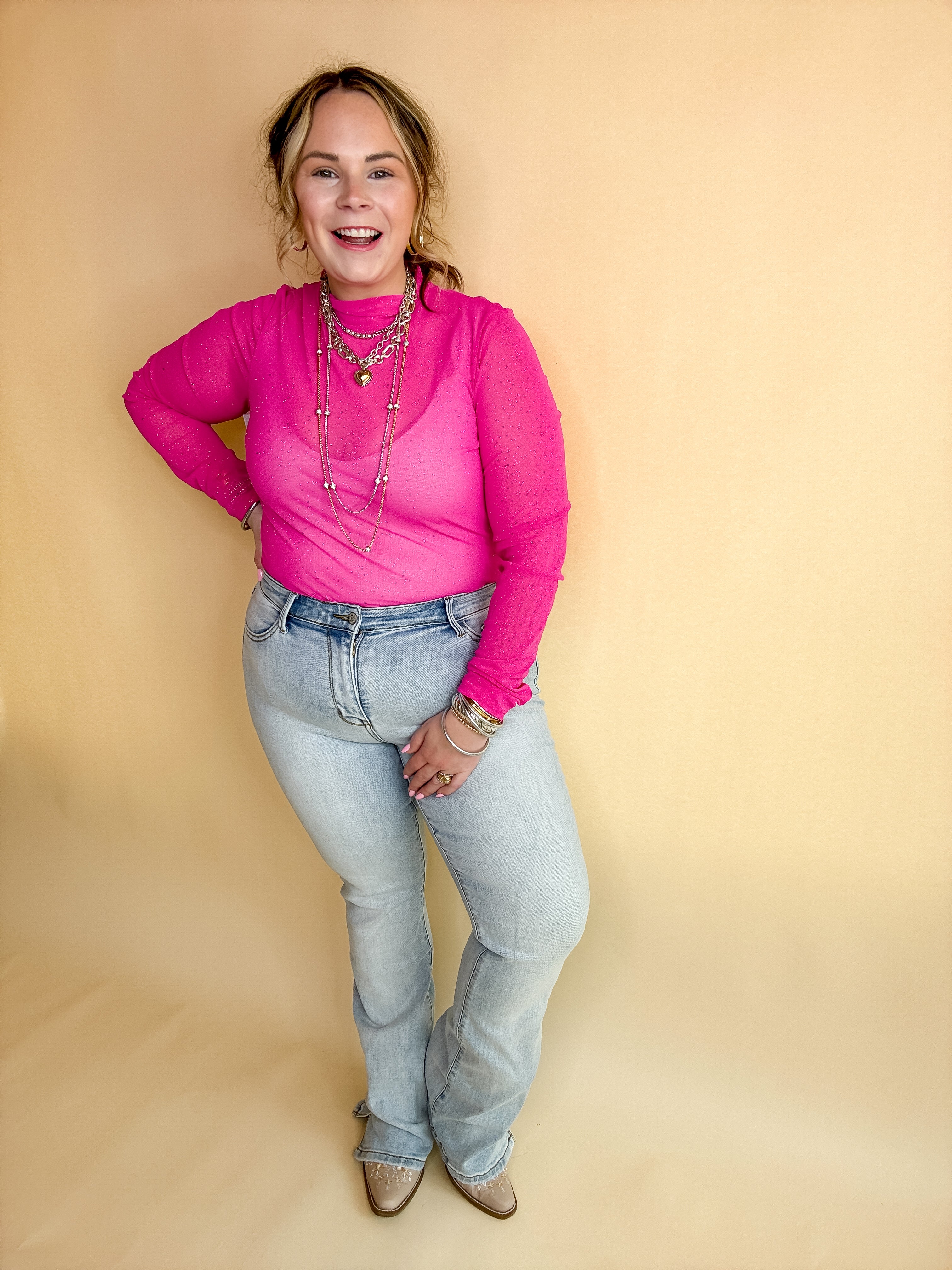 Plus Sizes | Try Your Luck Glitter Mesh Long Sleeve Bodysuit in Pink - Giddy Up Glamour Boutique