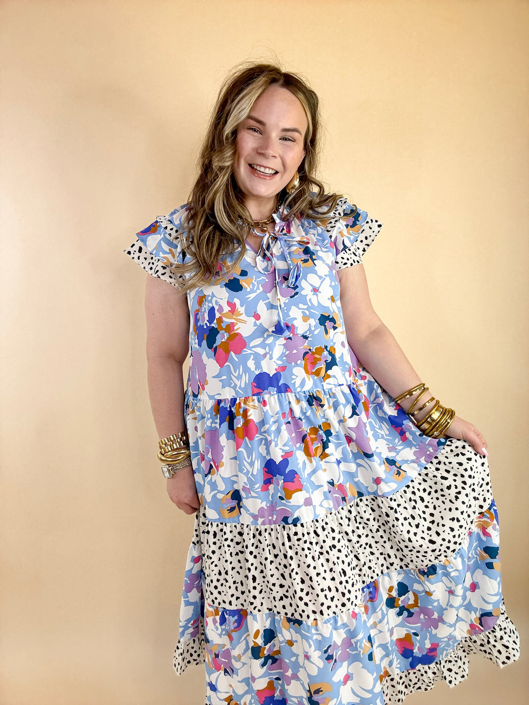 Paint The Wind Multicolor Keyhole Neckline Dress in Light Blue - Giddy Up Glamour Boutique