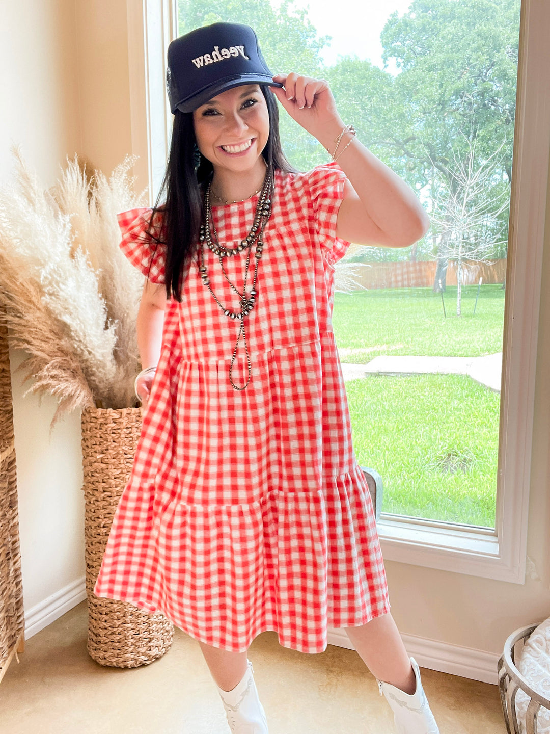red gingham ruffle dress J. Marie Noelle Ruffle Strap Midi Dress in Red Mini Gingham Large