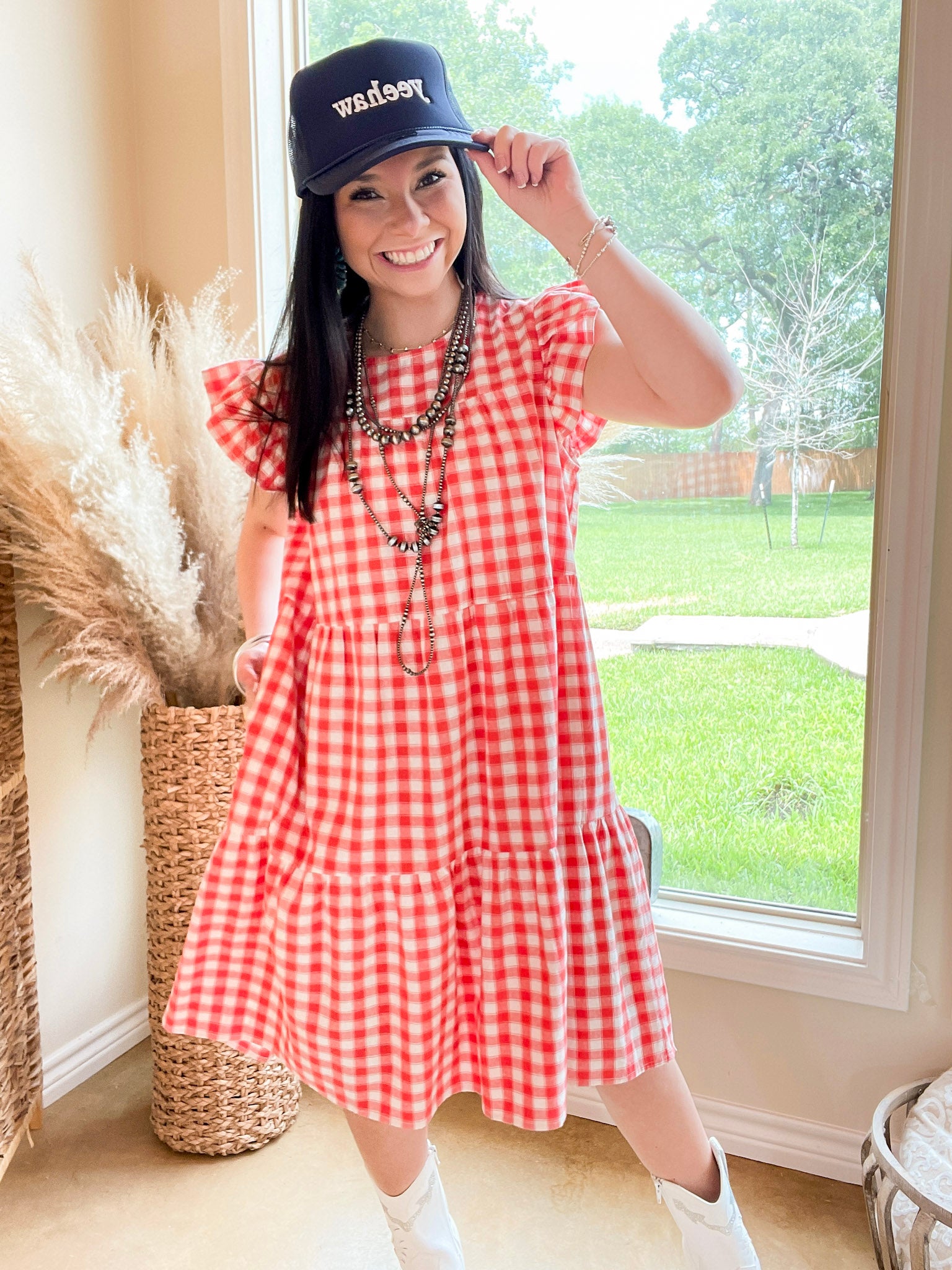 Sunny Pier Gingham Dress with Ruffle Cap Sleeves in Coral Red and White - Giddy Up Glamour Boutique