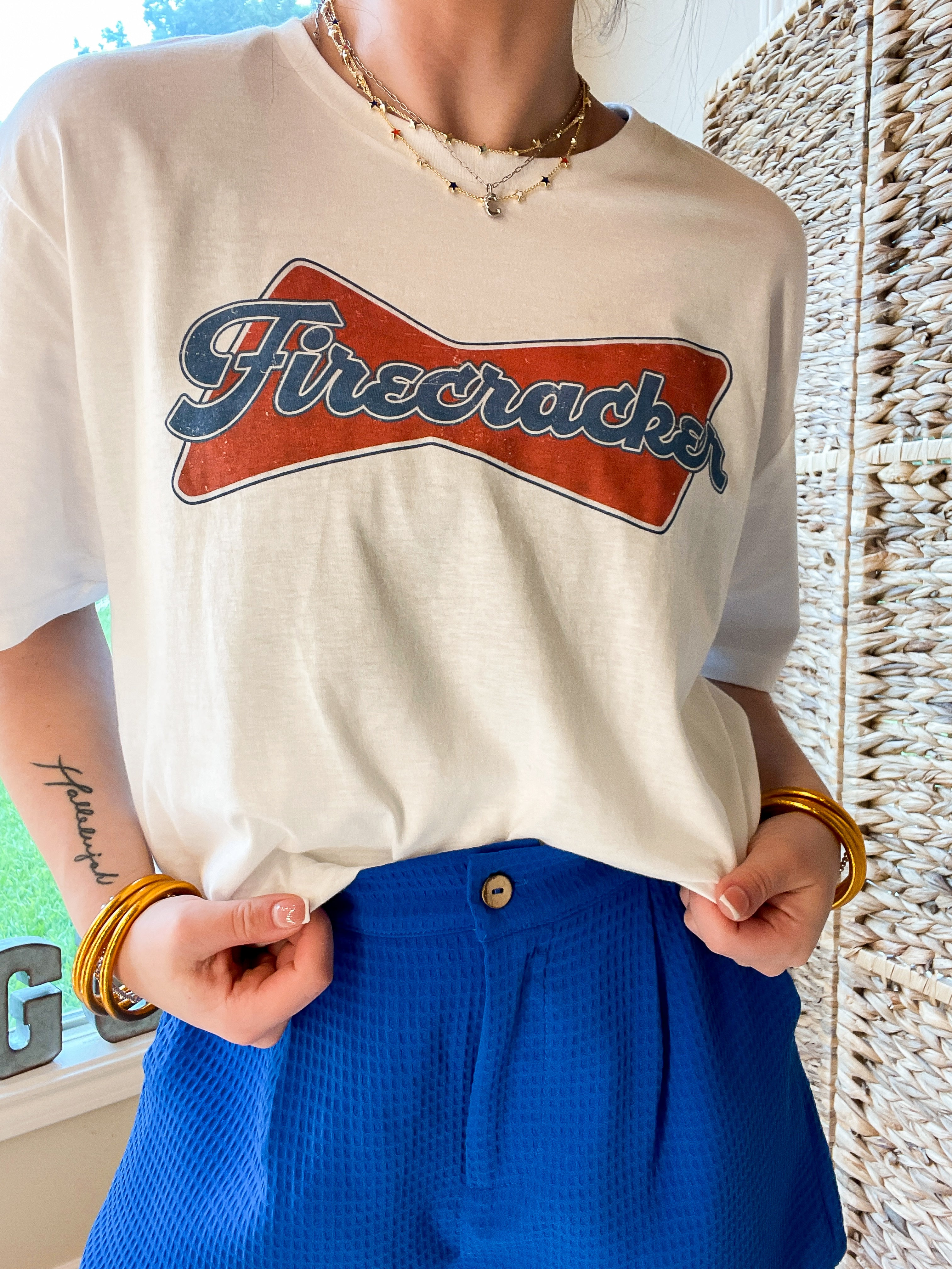Online Exclusive | Firecracker Short Sleeve Graphic Tee in White - Giddy Up Glamour Boutique