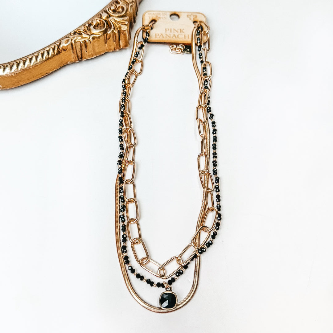 Pink Panache | 3 Strand Gold Tone Chain Necklace with Black Cushion Cut Crystal Drop - Giddy Up Glamour Boutique