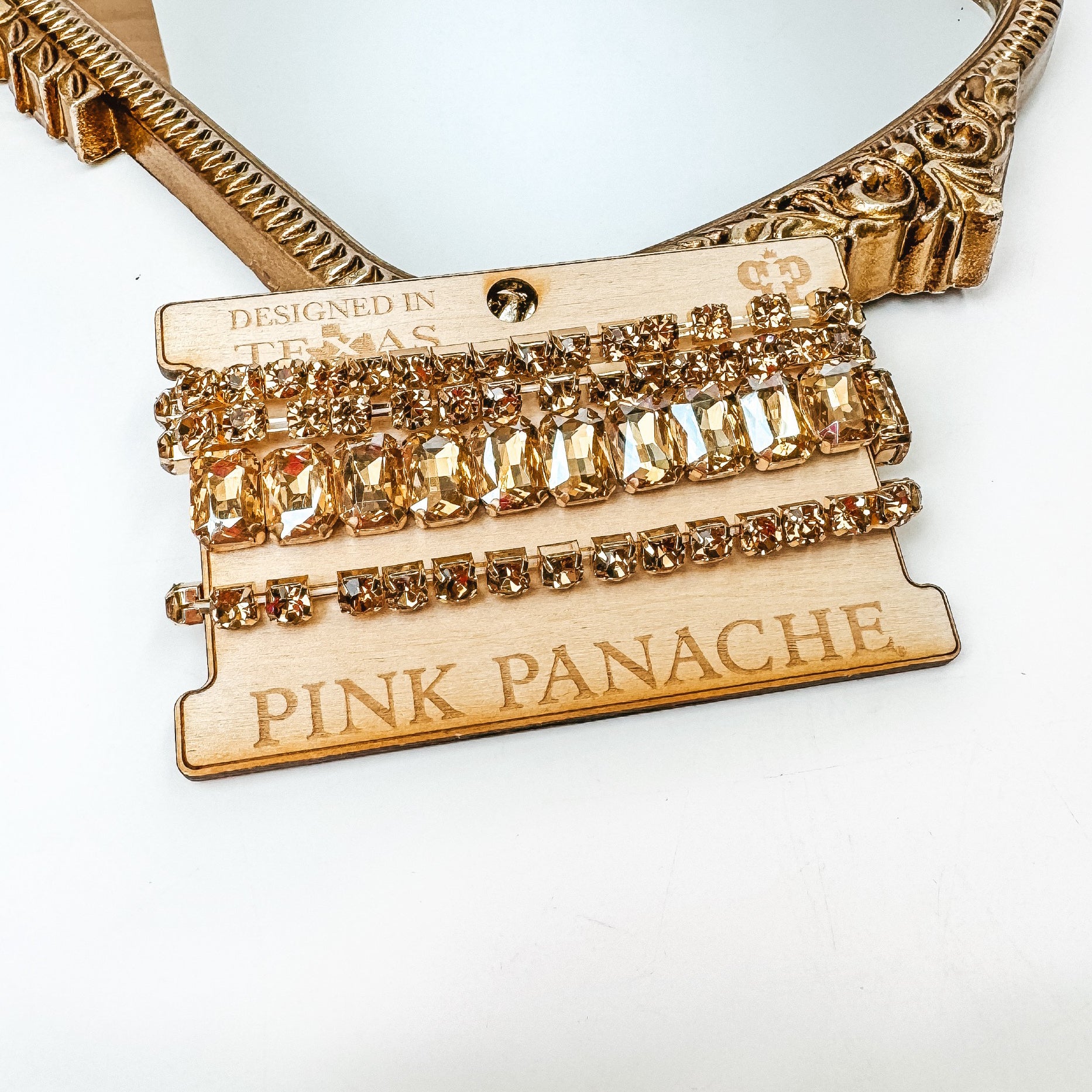 Pink Panache | Gold Tone Rhinestone Bracelet Set in Champagne Gold - Giddy Up Glamour Boutique