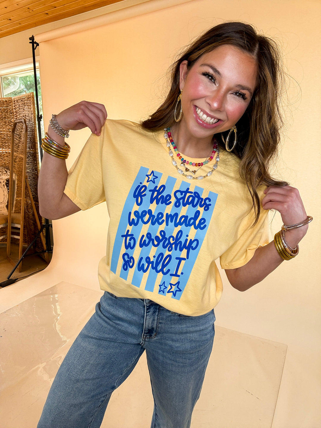 If The Stars Were Made to Worship So Will I Stripe Print Short Sleeve Graphic Tee in Butter Yellow