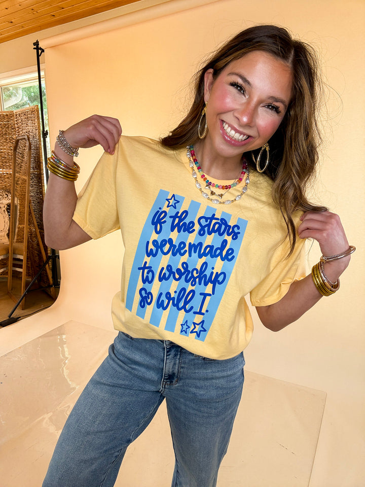 If The Stars Were Made to Worship So Will I Stripe Print Short Sleeve Graphic Tee in Butter Yellow