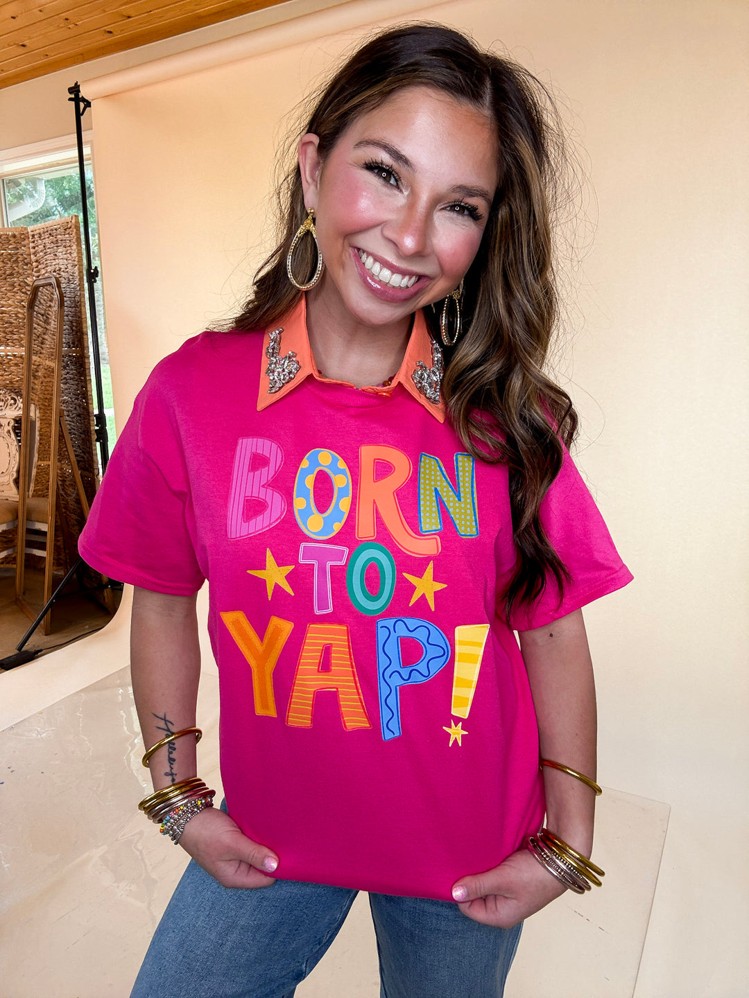 Social Butterfly Era "Born to Yap" Short Sleeve Graphic Tee in Hot Pink