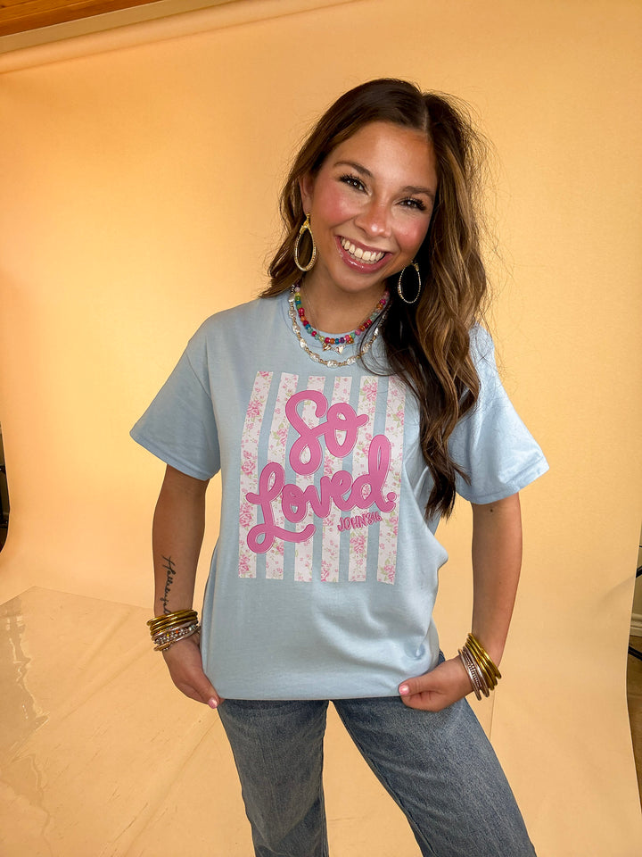 His Love Never Fails "So Loved" John 3:16 Short Sleeve Graphic Tee in Light Blue