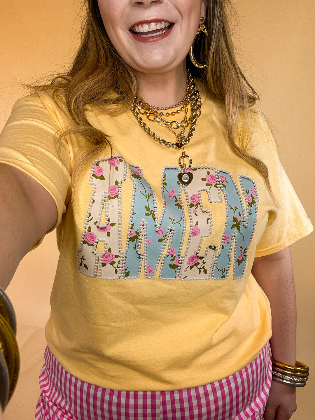 Heaven Sent "Amen" Floral and Pearl Print Short Sleeve Graphic Tee in Butter Yellow