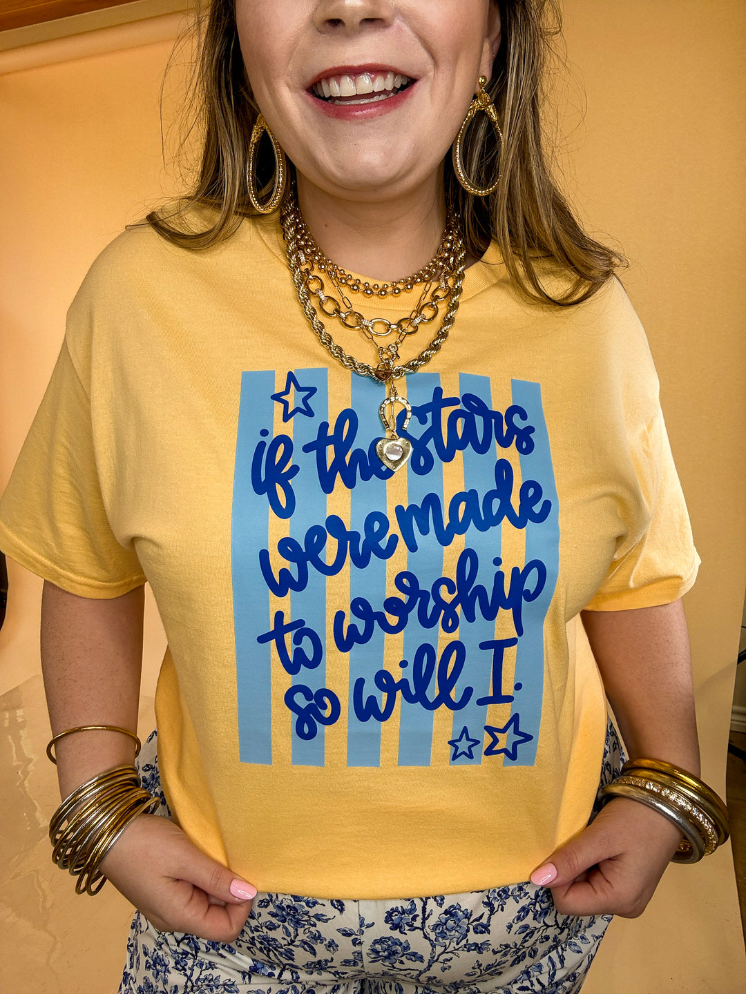 If The Stars Were Made to Worship So Will I Stripe Print Short Sleeve Graphic Tee in Butter Yellow