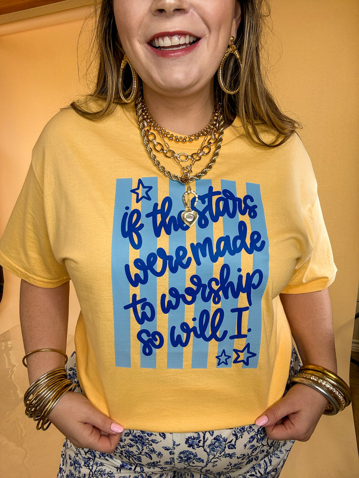 If The Stars Were Made to Worship So Will I Stripe Print Short Sleeve Graphic Tee in Butter Yellow