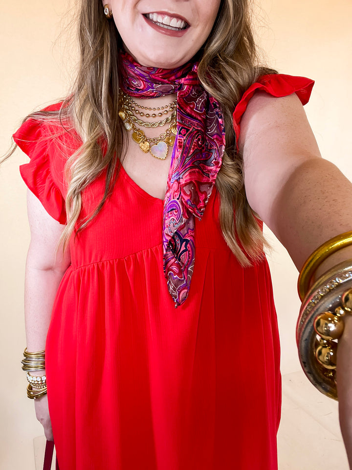 Capture Your Attention V Neck Dress with Ruffle Cap Sleeves in Red