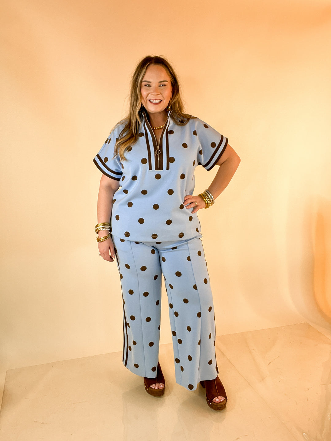 Point Taken Pull-On Wide Leg Knit Polka Dot Pants with Side Stripe Detail in Blue and Chocolate Brown