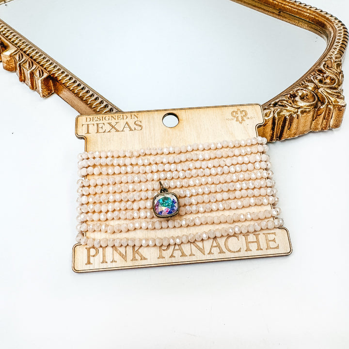 Pink Panache | Crystal Beaded Bracelet Set With Cushion Cut AB Crystal in Blush Ivory - Giddy Up Glamour Boutique