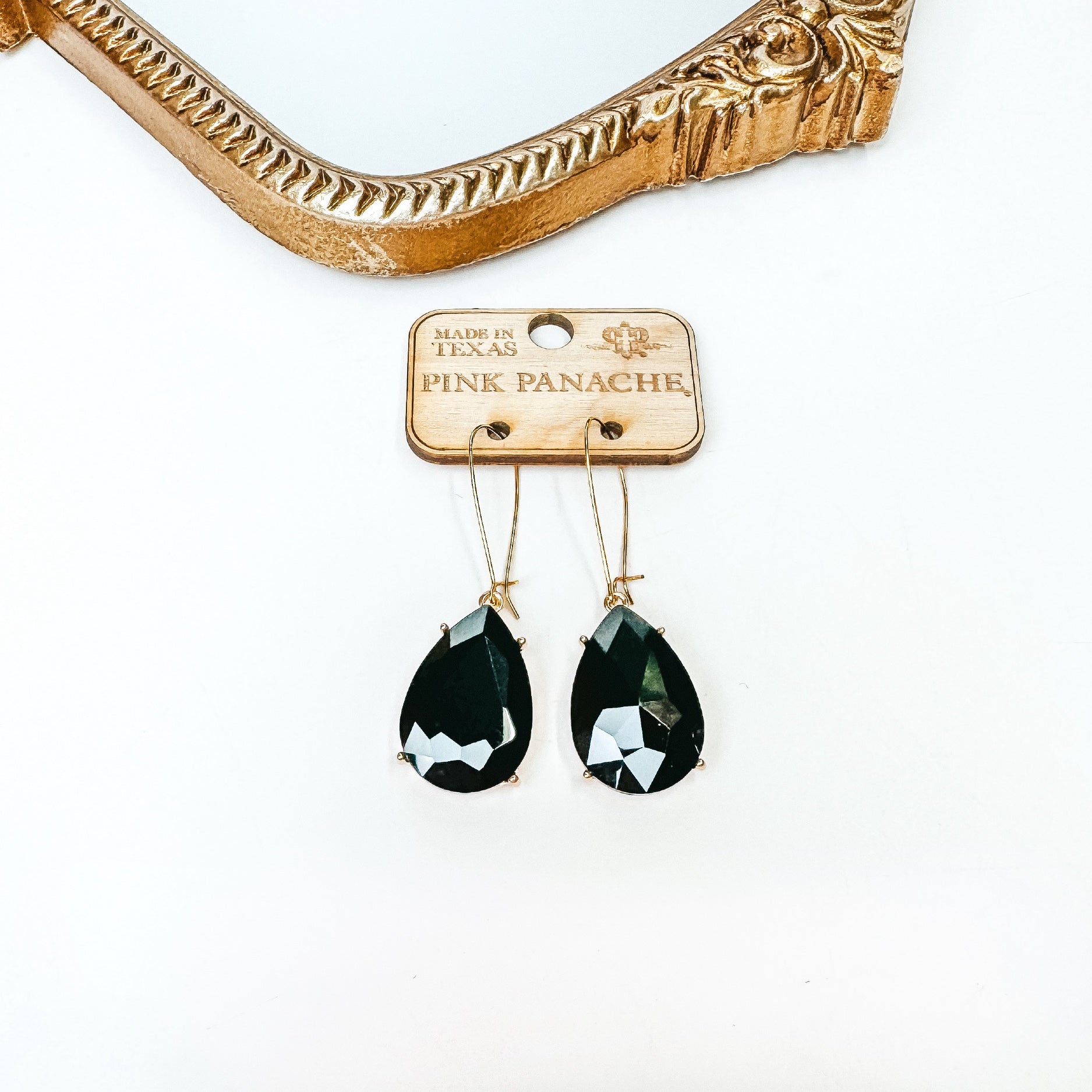 Pink Panache | Gold Tone Kidney Wire Crystal Teardrop Earrings in Black - Giddy Up Glamour Boutique