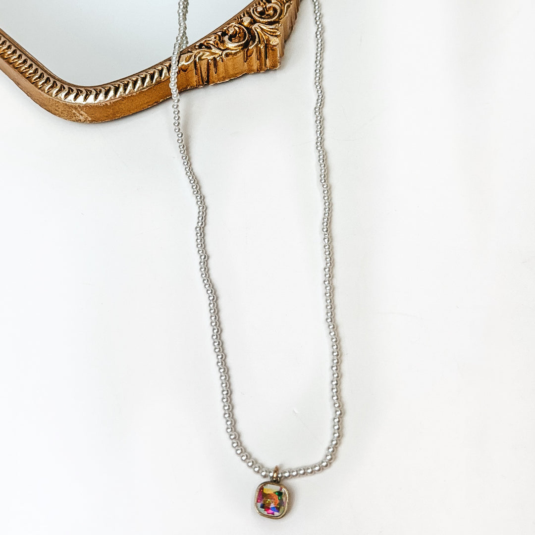 Pink Panache | Pearl Wrap Around Necklace with Cushion Cut AB Crystal Pendant - Giddy Up Glamour Boutique