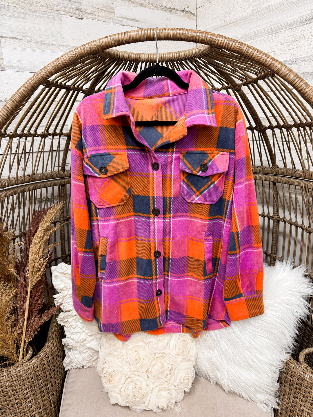 Plaid Button Up Fleece Shacket with Pockets in Pink, Orange and Navy