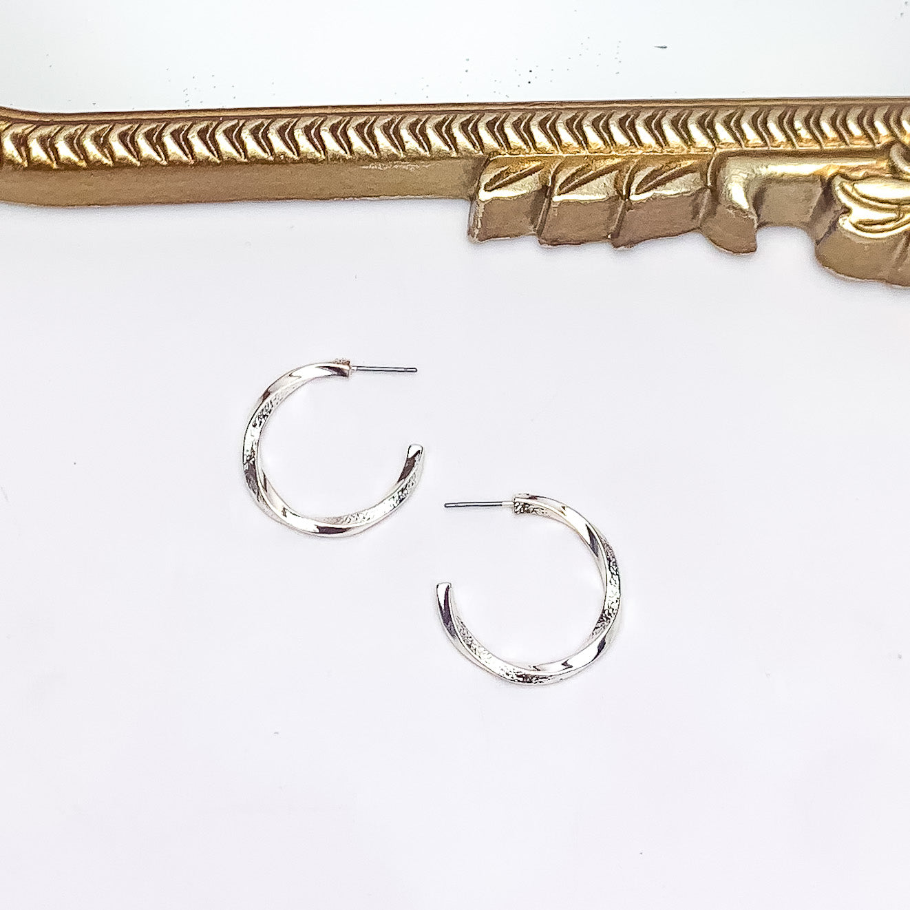 City Day Small Silver Tone Hoop Earrings. Pictured on a white background with a gold frame above the earrings