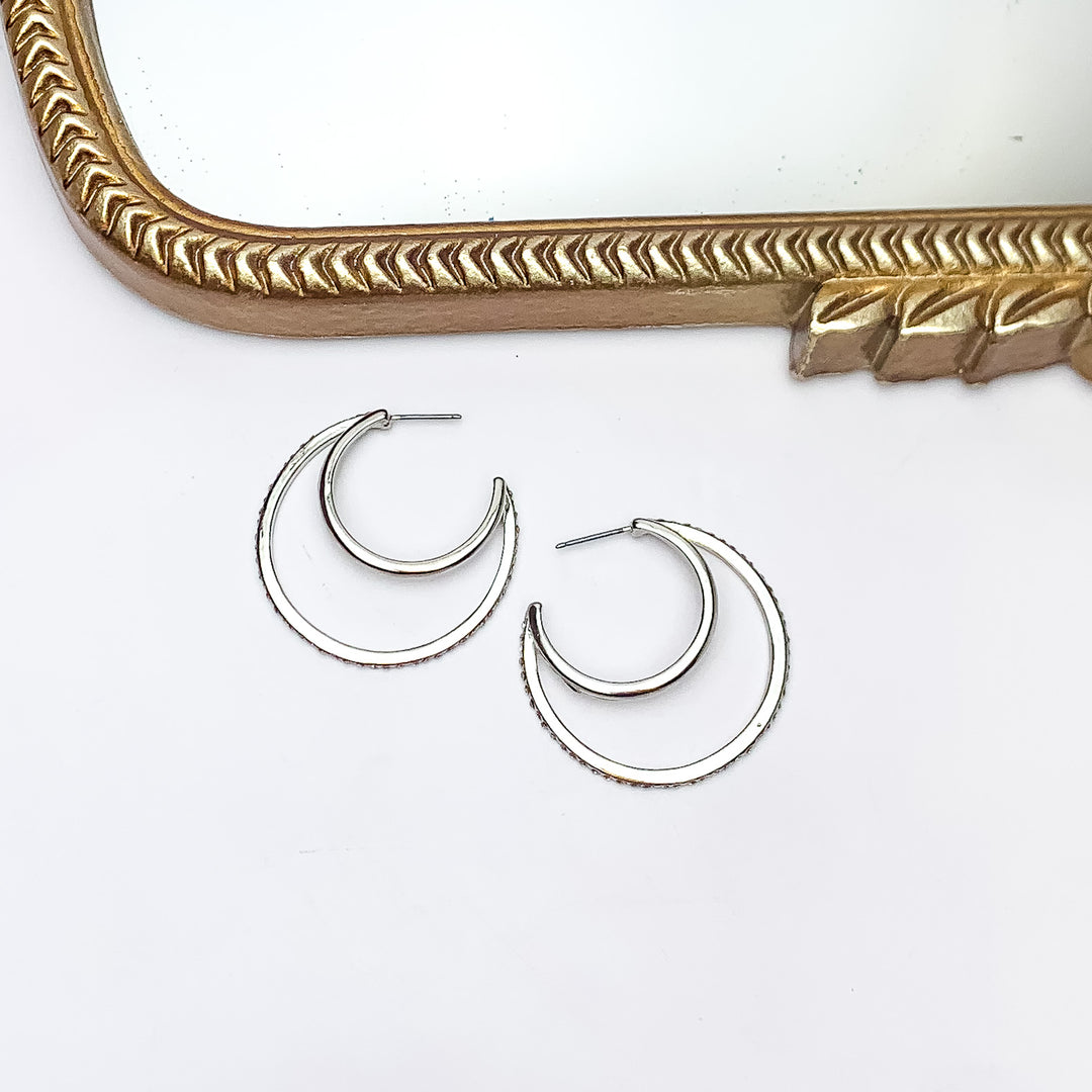 Midnight Hour Silver Tone Hoop Earrings With Clear Crystals - Giddy Up Glamour Boutique