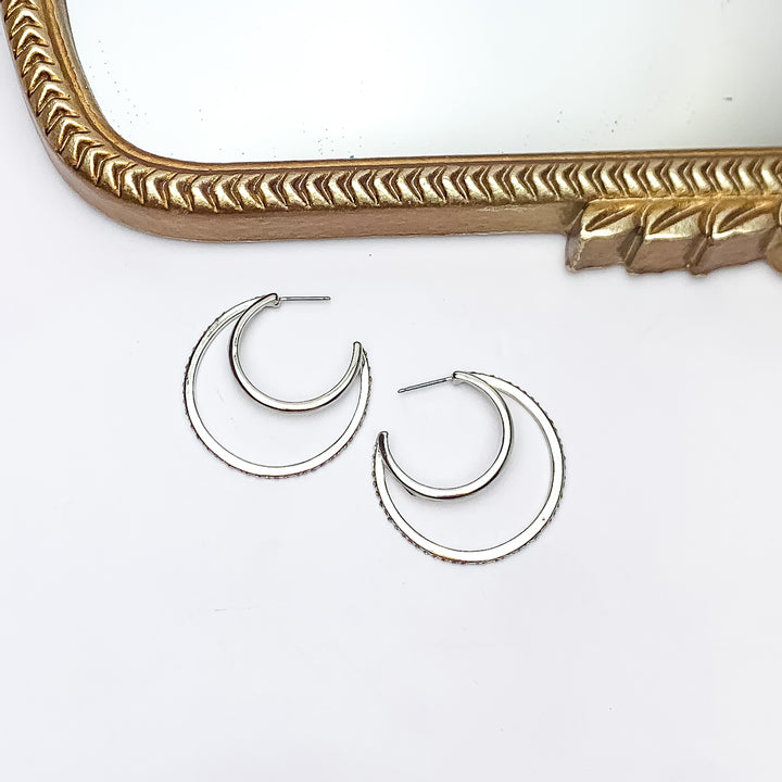 Midnight Hour Silver Tone Hoop Earrings With Clear Crystals - Giddy Up Glamour Boutique