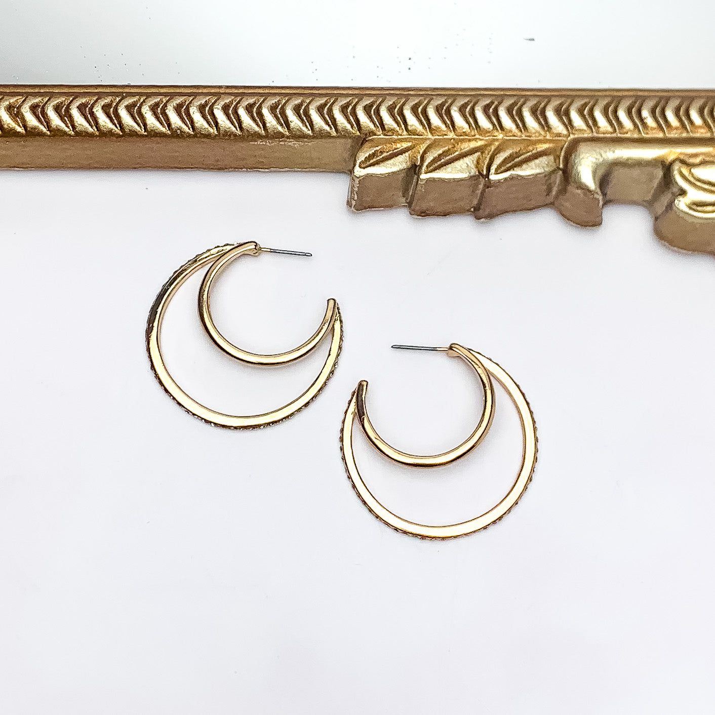 Midnight Hour Gold Tone Hoop Earrings With Clear Crystals - Giddy Up Glamour Boutique