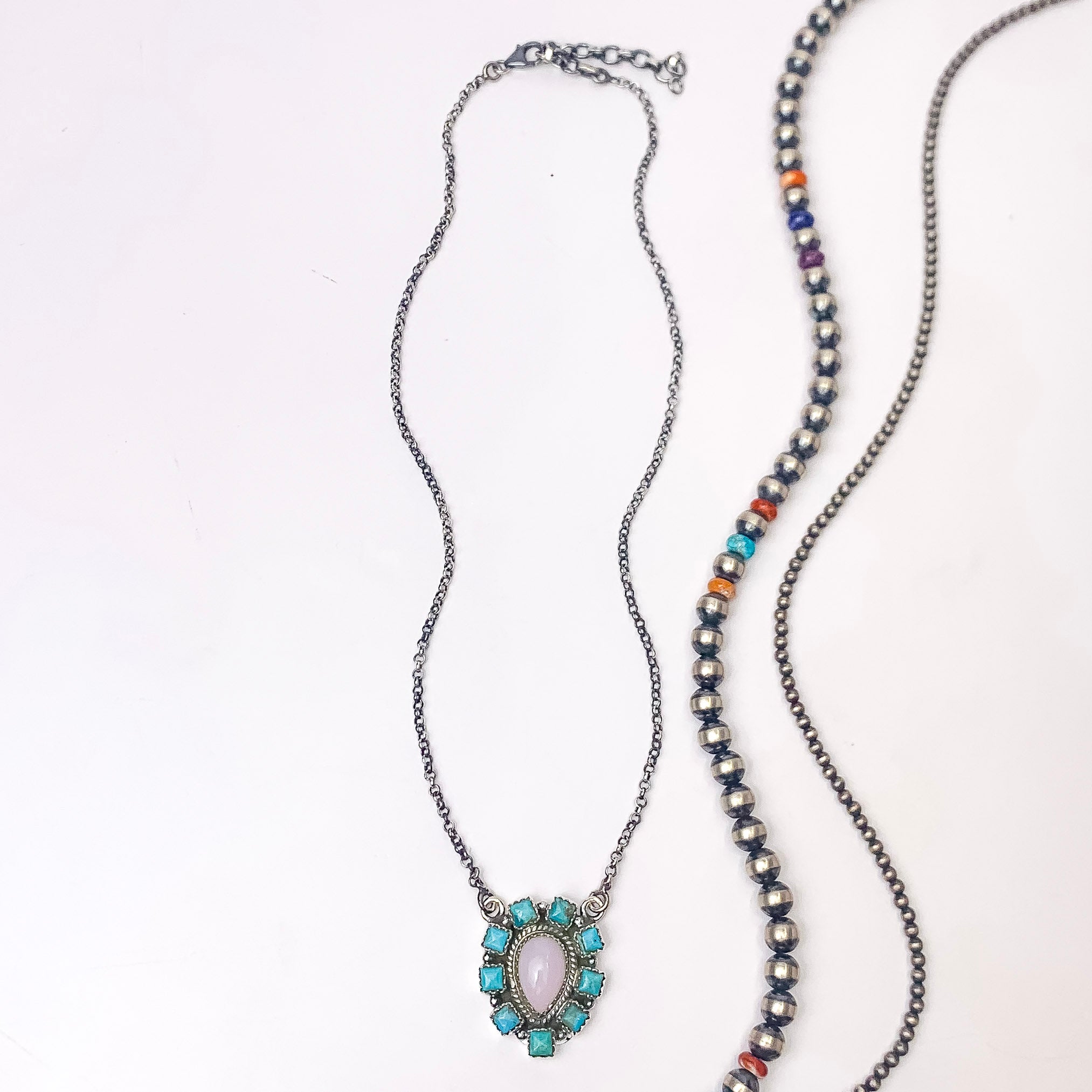 Hada Collection | Handmade Sterling Silver Necklace with Pink Conch Center and Turquoise Stone Outline - Giddy Up Glamour Boutique