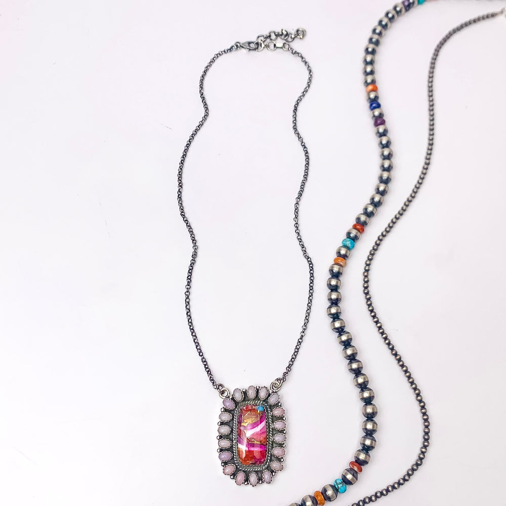 Hada Collection | Handmade Sterling Silver Adjustable Necklace Rectangle Remix Stone and Pink Opal Outline - Giddy Up Glamour Boutique