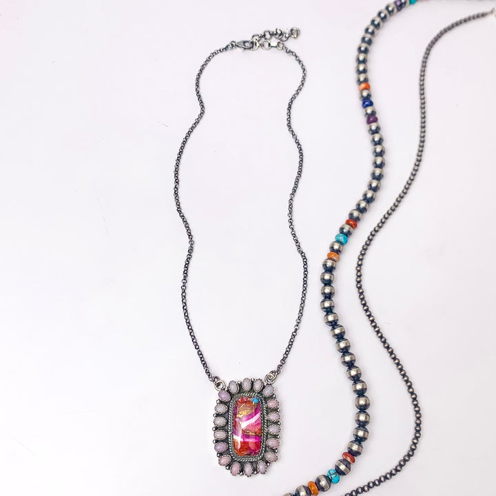 Hada Collection | Handmade Sterling Silver Adjustable Necklace Rectangle Remix Stone and Pink Opal Outline - Giddy Up Glamour Boutique